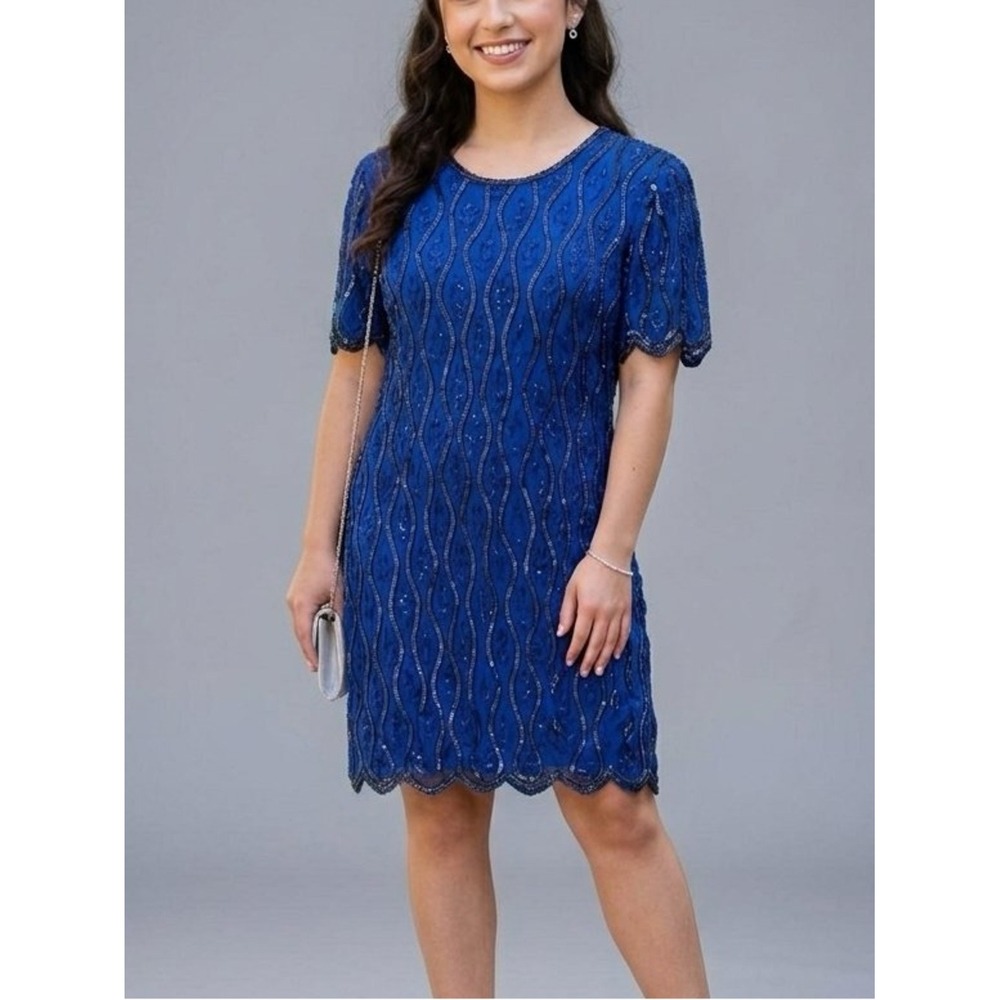 Stenay Vintage Size 12 Royal Blue Silk with Black Sequins Beaded Formal Dress